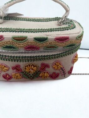 Embroidered Beige Floral Top-Handle Bag with Yellow & Pink Accents